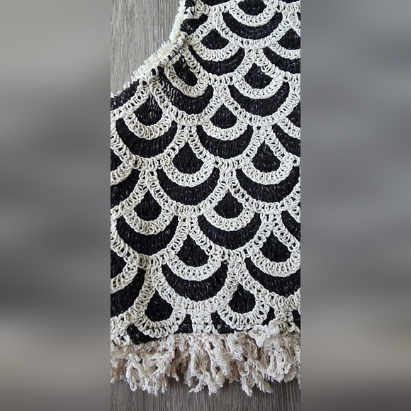 Mango MNG Crochet Lace Fringe Crop Top Black Cream Scallop Boho Festival M - Picture 11 of 14